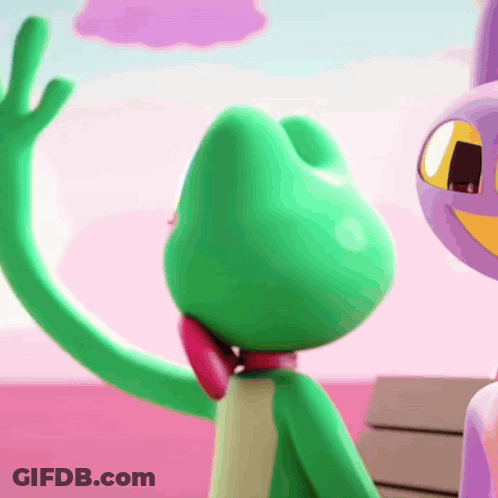 Green Frog Talking On Pink Phone Next To Purple Frog GIF