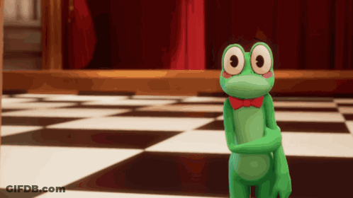 Green Frog With Big Eyes And Red Bow Tie On Checkered Floor GIF