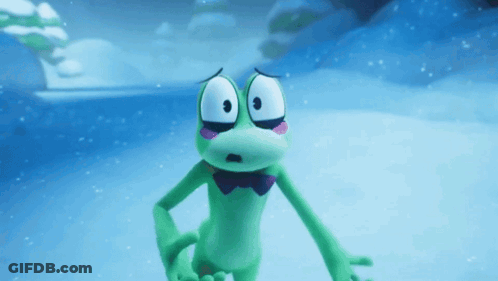 Green Frog With Bow Tie Standing In Snow GIF
