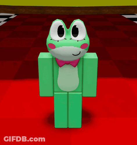 Green Frog With Pink Bow Tie On Red Floor GIF