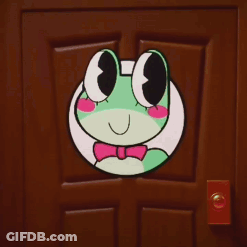 Green Frog With Pink Eyes And Bow Tie In Doorway GIF