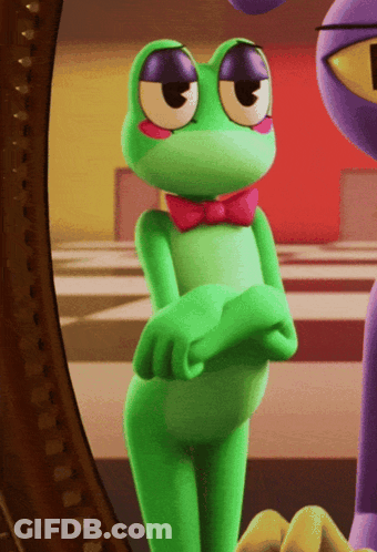 Green Frog With Purple Eyes And Pink Bow Tie In Front Of Mirror GIF