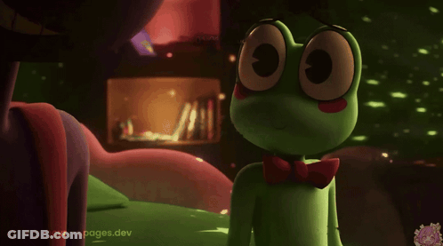 Green Frog With Red Bow Tie On Bed GIF