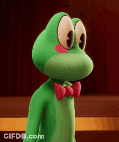 Green Frog With Red Bow Tie On Stage GIF