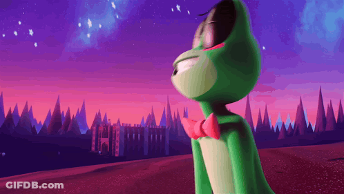 Green Frog With Red Bow Tie Under Purple Sky GIF