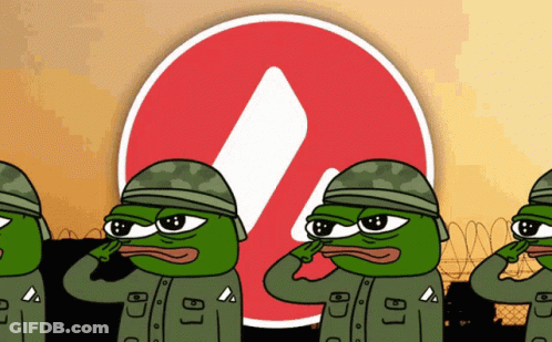 Green Frogs In Military Uniforms Saluting In Front Of Red Sign GIF