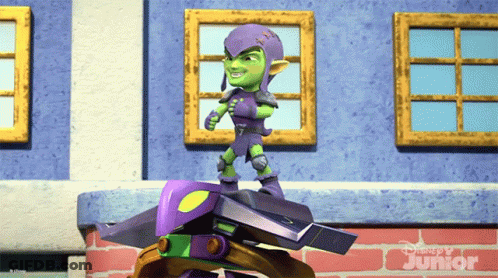 Green Goblin Standing On Purple Object With Disney Junior Logo GIF