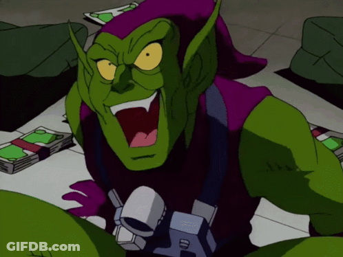 Green Goblin With Purple Cape Surrounded By Money GIF