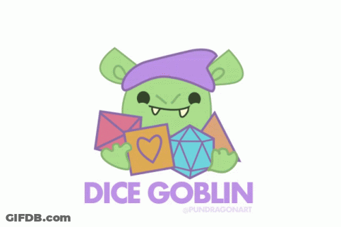 Green Goblin With Purple Hat Holding Dice And Envelopes GIF