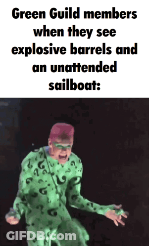 Green Guild Members Seeing Explosive Barrels And Unattended Sailboat GIF