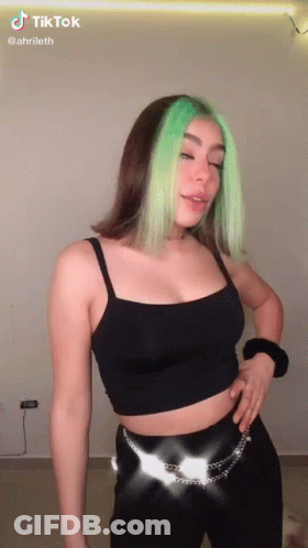 Green Hair Woman Wearing Black Crop Top Pants GIF