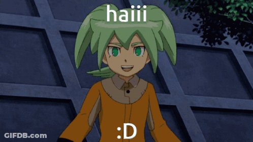 Green Haired Anime Character With HAIii On Head GIF
