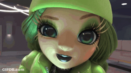Green-Haired Blue-Eyed Doll In Green Hat GIF