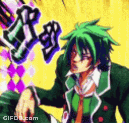 Green Haired Cartoon Character Sitting In Green Jacket GIF