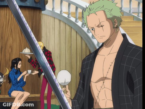 Green Haired Man With Sword In Front Of Seated Woman GIF