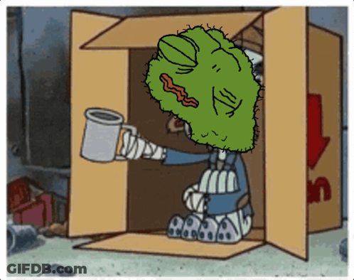 Green Head Cartoon Character Sitting In Box Holding Mug GIF