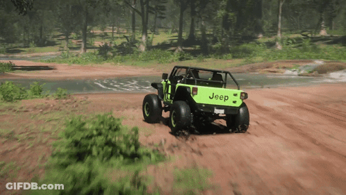 Green Jeep Driving On Dirt Road Near River GIF