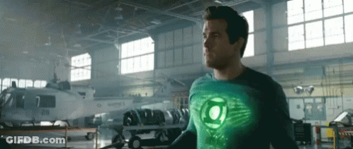 Green Lantern Costume Man In Hangar With Helicopter GIF