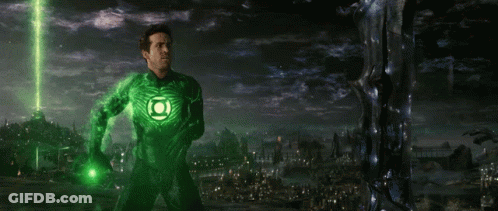 Green Lantern Costume Standing In Front Of City GIF