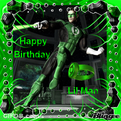 Green Lantern Holding Bat Saying Happy Birthday Lil Man GIF
