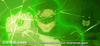 Green Lantern Saying Lantern Focus You Stop Concentrating And That Shield Breaks Apart In Front Of Batman GIF