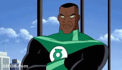 Green Lantern With Arms Crossed In Front Of Buildings GIF