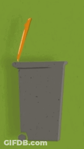 Green Lego Block Thrown Into Trash Can With Pencil GIF