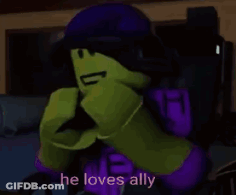 Green Lego Character In Purple Shirt And Hat Holding Gun GIF
