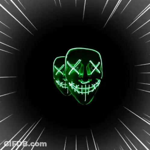 Green Light Up Mask With Crossed Eyes And Stitched Mouth GIF
