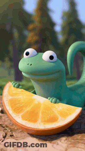 Green Lizard Holding Orange Slice GIF
