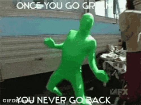 Green Man In Green Suit Dancing By Trailer Says Once You Go Green You Never Go Back GIF