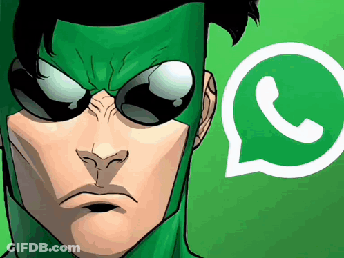 Green Masked Comic Character In Sunglasses Next To WhatsApp Logo GIF