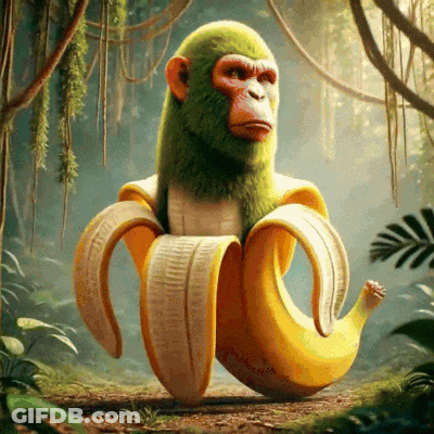 Green Monkey With Banana On Head GIF