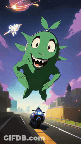 Green Monster Flying Over City GIF
