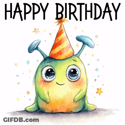 Green Monster In Party Hat Saying Happy Birthday GIF