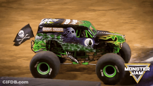 Green Monster Jam Truck Driving On Dirt Track GIF