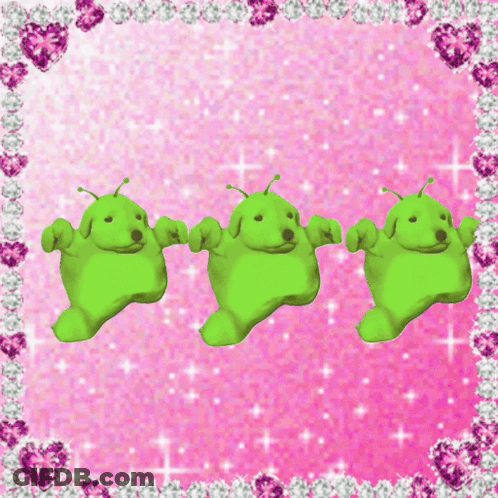 Green Object Surrounded By Pink Hearts And Glitter GIF