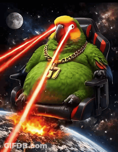 Green Parrot In Chair With Laser Eyes GIF