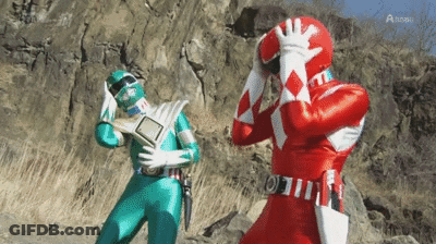 Green Ranger And Red Ranger On Rocky Hillside GIF