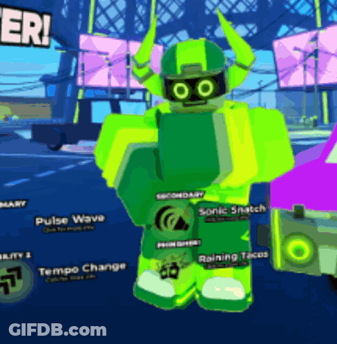 Green Robot With Horns In Front Of Secondary Sign GIF