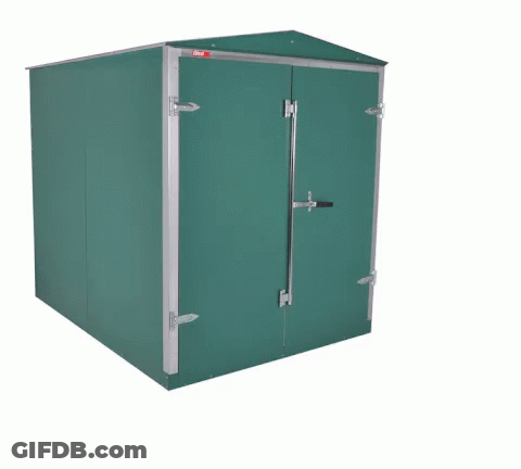 Green Shed With Open Doors And Red Sticker GIF