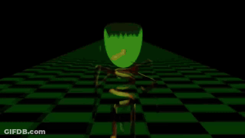 Green Skeleton Walking Down Striped Staircase GIF