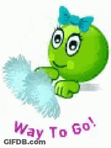Green Smiley With Blue Bow Holding Blue Pom Pom GIF