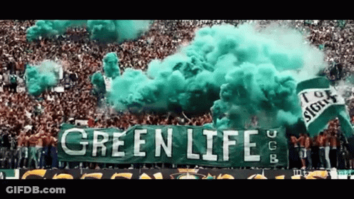 Green Smoke Coming Out Of A Crowd With A Green Banner That Says Green Life GIF