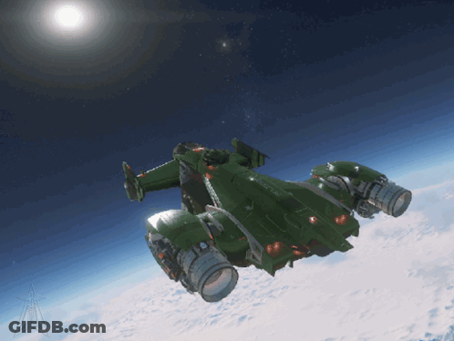 Green Spaceship Flying Above Clouds GIF