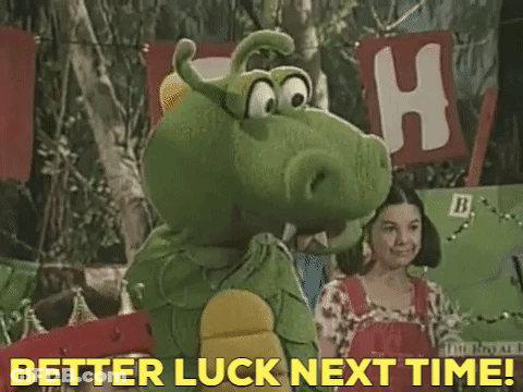 Green Stuffed Animal Saying Better Luck Next Time GIF