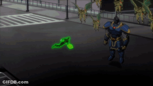 Green Superhero Attacked By Monsters GIF