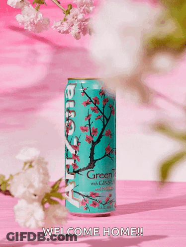 Green Tea Can With Cherry Blossoms GIF