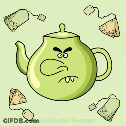 Green Teapot With Angry Face And Tea Bags GIF