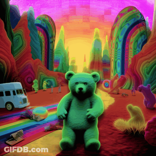 Green Teddy Bear Sitting In Colorful Scene GIF